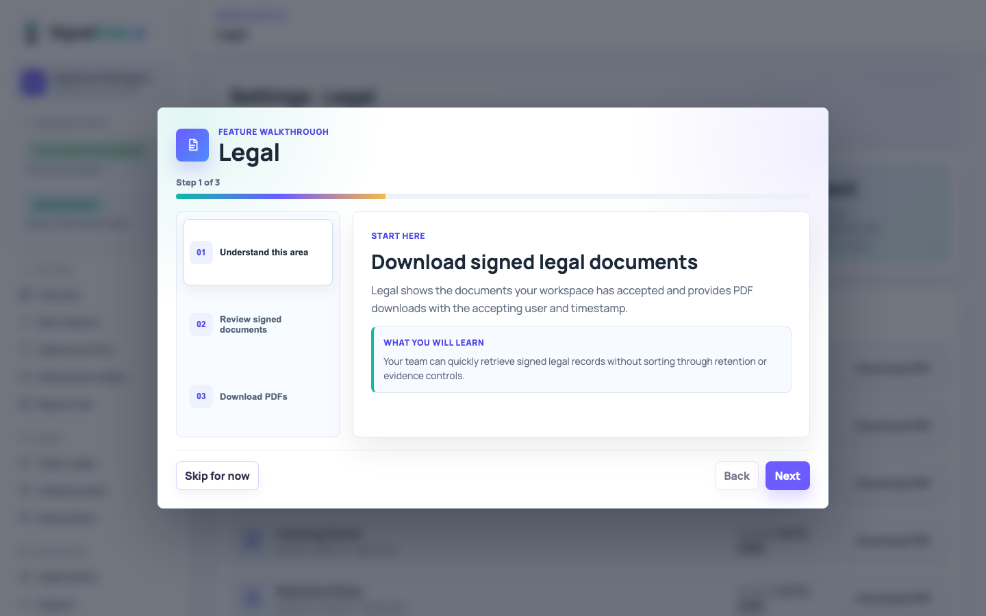 Legal documents screen